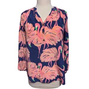 Lilly Pulitzer Silk Blouse Men S Navy Pink Flamingo Print Excellent Long Sleeve